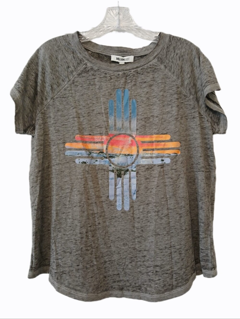 NWT William Rast Medium Gray Tee Shirt Charcoal Desert Sun Sunset Cross Graphic